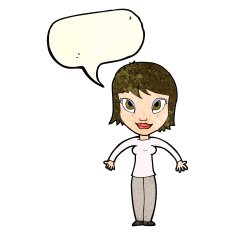 cartoon woman shrugging shoulders with speech bubble N150