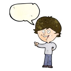cartoon boy laughing and pointing with speech bubble N4