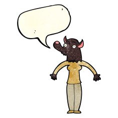 cartoon friendly werewolf woman with speech bubble N2
