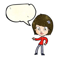 cartoon pretty woman pointing with speech bubble N12