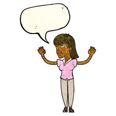 cartoon woman throwing hands in air with speech bubble N3
