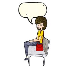 cartoon woman sitting on bench with speech bubble N4