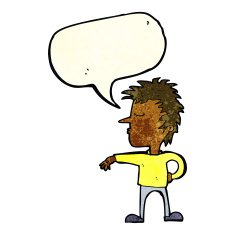 cartoon man making camp gesture with speech bubble N7