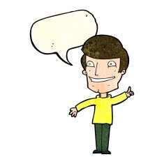 cartoon grinning man with idea speech bubble N4