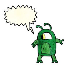 cartoon alien robot with speech bubble N6