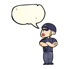 cartoon security guard with speech bubble N3