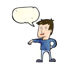 cartoon man making camp gesture with speech bubble N8