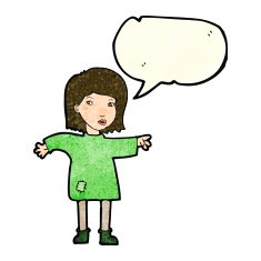 cartoon woman in patched clothing with speech bubble N3