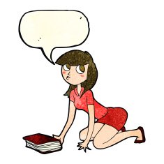 cartoon girl picking up book with speech bubble N3