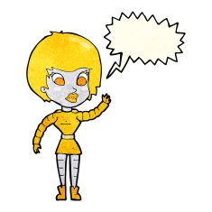 cartoon robot woman waving with speech bubble N8