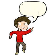cartoon happy boy pointing with speech bubble N6