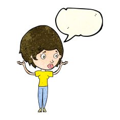 cartoon woman raising hands in air with speech bubble N8