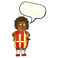 cartoon woman in kitchen apron with speech bubble N3