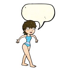 cartoon happy woman in swimming costume with speech bubble N4