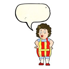 cartoon woman in kitchen apron with speech bubble N4