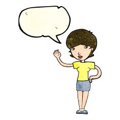 cartoon woman waving with speech bubble N100