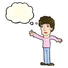 cartoon worried man reaching out with speech bubble N7