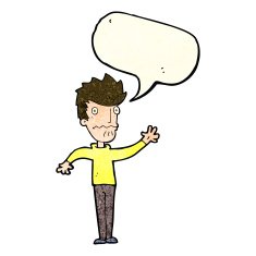 cartoon worried man reaching out with speech bubble N8