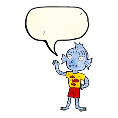 cartoon waving fish boy with speech bubble N4