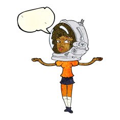 cartoon woman wearing space helmet with speech bubble N7