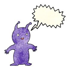 cartoon happy little alien with speech bubble N4