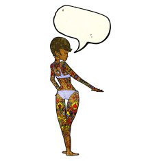 cartoon bikini girl covered in tattoos with speech bubble N3