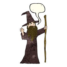 cartoon old wizard with speech bubble N3