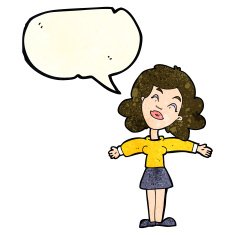 cartoon woman with open arms speech bubble N32