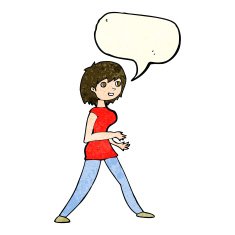 cartoon woman walking with speech bubble N3