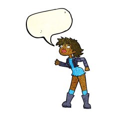cartoon girl in leather jacket with speech bubble N3