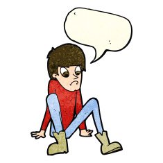 cartoon boy sitting on floor with speech bubble N4
