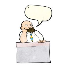 cartoon bored man at desk with speech bubble N4