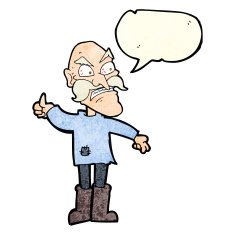 cartoon angry old man in patched clothing with speech bubble N4