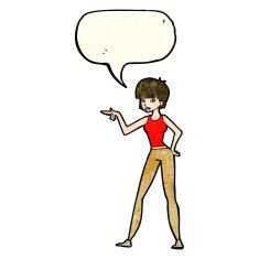 cartoon woman pointing with speech bubble N75