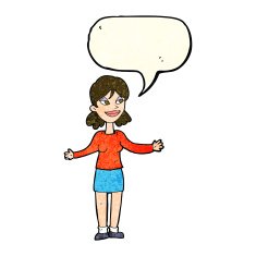 cartoon happy woman shrugging shoulders with speech bubble N7