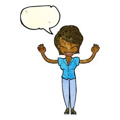 cartoon pretty woman with hands in air speech bubble N3