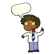 cartoon school boy with idea speech bubble N9