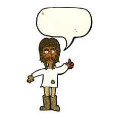 cartoon hippie man giving thumbs up symbol with speech bubble N3