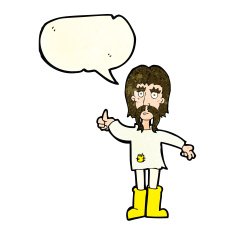 cartoon hippie man giving thumbs up symbol with speech bubble N4