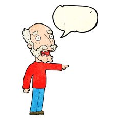 cartoon scared old man pointing with speech bubble N4