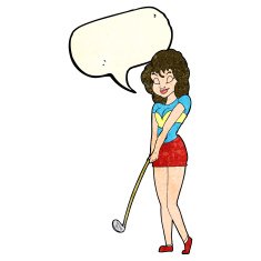 cartoon woman playing golf with speech bubble N7