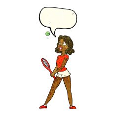 cartoon woman playing tennis with speech bubble N2