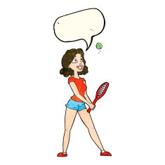 cartoon woman playing tennis with speech bubble N3