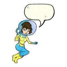 cartoon space woman with speech bubble N9