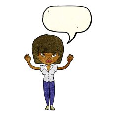 cartoon woman with raised hands speech bubble N3
