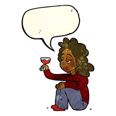 cartoon unhappy woman with glass of wine speech bubble N2