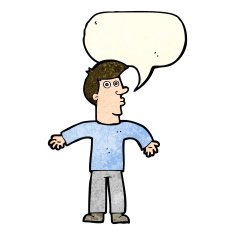 cartoon man shrugging shoulders with speech bubble N16