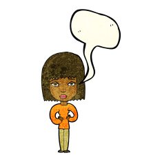 cartoon woman indicating self with speech bubble N4