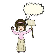 cartoon vicorian woman protesting with speech bubble