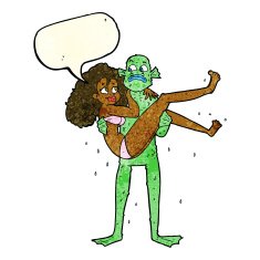 cartoon swamp monster carrying woman in bikini with speech bubbl N3